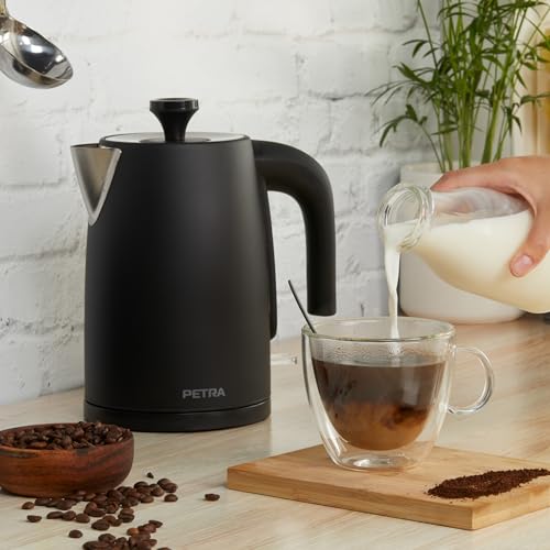 Petra PT5632MBLKVDE Elektrische Wasserkocher - BPA-Frei, schnelles Kochen, Fenster mit Wasserstandsanzeige, Anti-Kalk-Filter, Trockengehschutz, Strix-Controller, schwenkbare Basis, 1,7 L, 3000W
