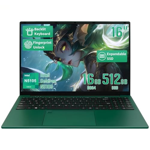 BINTEC 16 Inch Green Laptop,1920 * 1200 IPS,16GB DDR4 Windows11 Notebook PC, Celeron N5105(up to 2.9 GHz),Lightweight Notebook with Backlit Keyboard and Fingerprint Unlock Green, 16G+512GB SSD