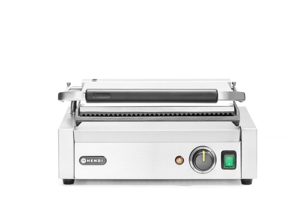 HENDI Piastra Elettrica a Contatto, Grill/Griglia Panini Professionale, Piastre Liscia e Rigata in Ghisa Smaltata, 230V, 2200W, 430x375x(H)216mm, Acciaio Inox