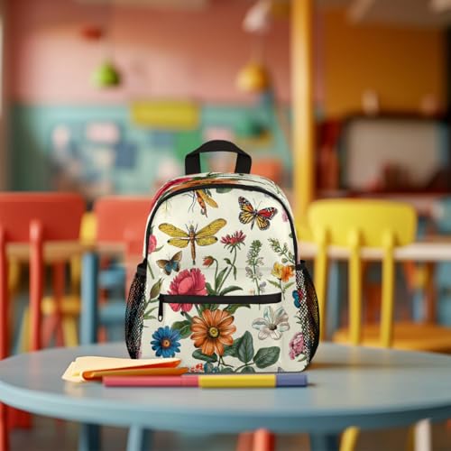 Retro Flowers Dragonflies Butterflies Toddler Backpack for Boys Girls, Lightweight Waterproof Kids Backpack 12 Inch with Chest Strap, Casual Daypack Kindergarten Preschool Daycare Bag3