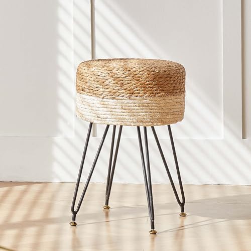 ALeesing Makeup Vanity Stool, Hand Weave Natural Seagrass Footstool Ottoman, Foot Rest Dressing Stool with Metal Leg, Modern Multifunctional Vanity Stools Chair, White