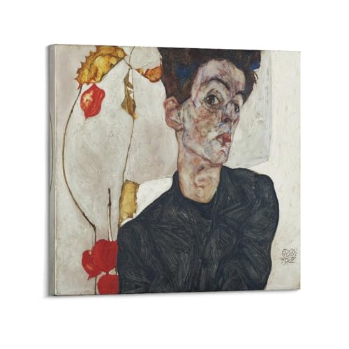 Poster Egon Schiele autoportrait avec physalis déco murale chambre affiche tableau 50x50