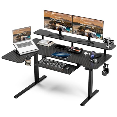 Image of Acrolix 59 Inch L Shaped Standing Desk with Shelves and Keyboard, Electric Corner Standing Desk Adjustable Height, Sit Stand Computer Table with Reversiable Splice Board,Black Carbon