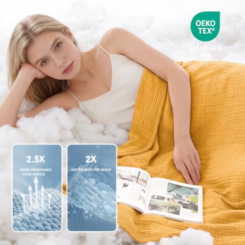 Image of EMME Muslin Cotton Blanket Adults Heather Yellow Throw XL 50 inchx70 inch