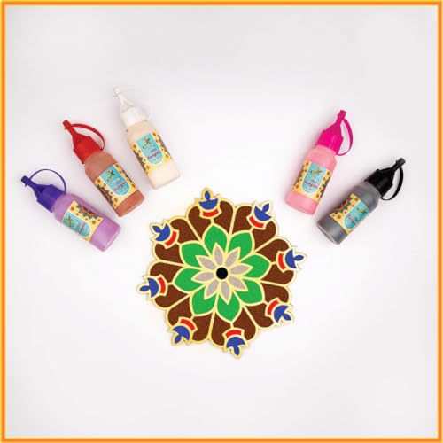 Image of TOTA Rangoli Stencil Corner - Set of 5 Rangoli Colour Bottles + 1 MDF Stencils | 8 X8 inch | Reusable 3D Rangoli for Diwali Home Decoration Navratri Pongal Onam Puja
