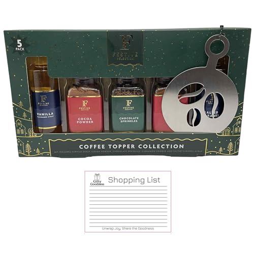 Festive Selection Coffee Topper Collection – Vanilla Syrup, Cocoa Powder, Chocolate Sprinkles, Cinnamon Powder & Salted Caramel Syrup – Includes Gifty Goodness Shopping List