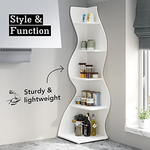 Tribesigns Corner Shelf, Modern 5-Tier Wall Corner Bookshelf, Stylish Corner Small Bookcase Storage Rack Plant Stand with Unique Shape for Living Room, Home Office (White, 1PC) by Tribesigns - Image 6