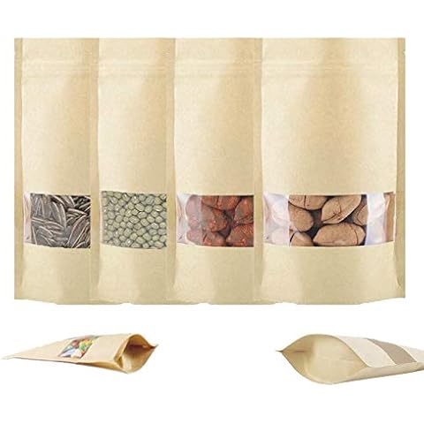 100 Pcs Kraft Paper Pouches, Kraft Stand Up Food Bags, with Notch and Transparent Window Reusable Ziplock Seal Pouches Pouch, for Tea Coffee Beans Nuts Seeds Dried Fruits Storage (12X20cm) Cover