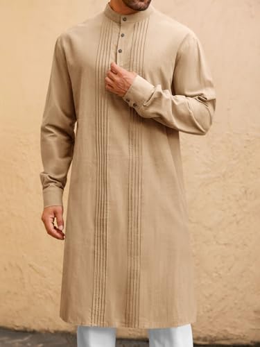 Image of Runcati Mens Kaftan Robe Button Down Long Sleeve Cotton Linen Thobe Casual Muslim Gown Henley Shirt