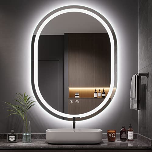Dripex 60×80cm Oval LED Bathroom Mirror with Light, Illuminated Wall Mounted Vanity Mirror, Anti-fog, 3 Colors Dimmable Light, Memory Function, IP44, Demister Mirror with Backlit Lights for Bathroom
