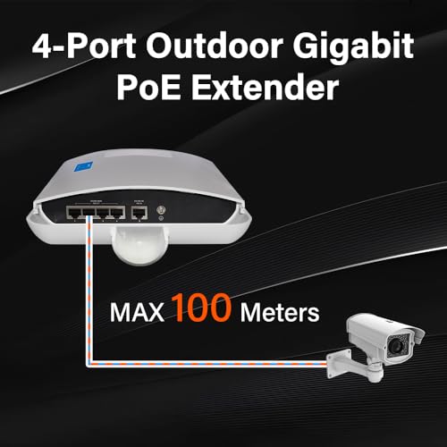 Image of 5 Port Outdoor Gigabit PoE Passthrough Switch, 1-Port 90W PoE++ in, 4-Port 30W Out, 802.3af /at /bt, IP65 Waterproof PoE Repeater /Booster, Wall /Pole Mount for IP Cameras, PTZ, VoIP, APs