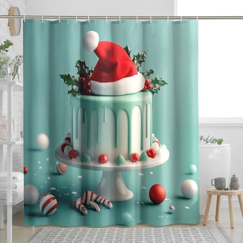 Duschvorhang mit weihnachtlichem Kuchen, Mintgrün, Süßigkeiten-Duschvorhang für Badezimmer, Urlaubsdekoration, festlich, modern, wasserdicht, Stoff, Duschvorhang-Set mit Haken, 157 x 183 cm