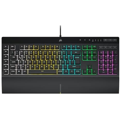 Corsair K55 RGB PRO Kabelgebundene Membran-Gaming-Tastatur (Dynamische RGB-Hintergrundbeleuchtung, 6 Makro-Tasten mit Elgato Software-Integration, IP42 Staub-und Spritzwasserschutz) QWERTZ, Schwarz