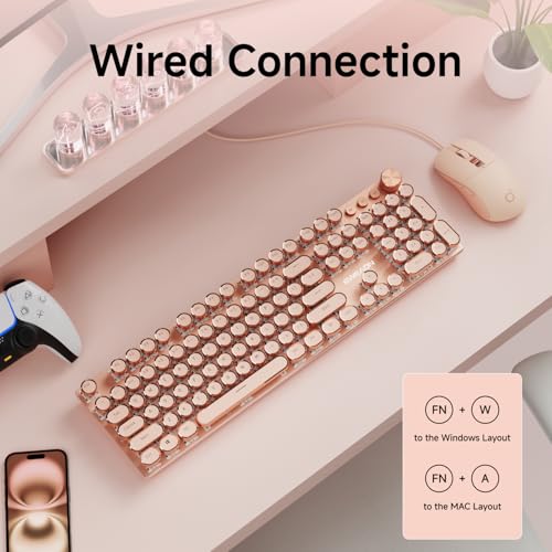 Image of EWEADN Wired Typewriter keyboard and Mouse Combo, Typewriter Style Mechanical Gaming Keyboard,104 Keys Backlit LED Keyboards, Media Control Knob, Wired Keyboard Pink Switch for Windows /Mac /PC-Pink