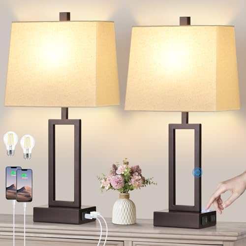 Gernehop Set Of 2 Black & Gold Touch Table Lamps - 3-Way Dimmable With USB Ports, LED Bulbs Included