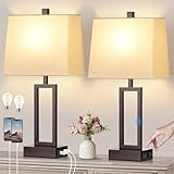 Rinweey Touch Control Table Lamps Set of 2, Modern Brown Bedside Lamps with USB A+C Ports & AC Outlet, 3 Way Dimmable Contemporary Nightstand Lamps for Bedroom Living Room(LED Bulb Included)