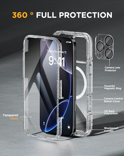 Image of Miracase Magnetic for iPhone 16 Pro Case Full-Body Phone with Built-in Glass Screen Protector, [Compatible with MagSafe] Military Drop Proof 16 Pro Cover Bumper 6.3 inch, Clear Glitter