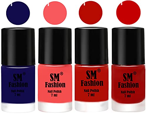 Image of Nail Polish Combo Set (Pack of 4) Quick Dry Gel Finish Nail Paint | Dark Blue,Light Pink,Red Orange,Orange | 7 ml Each