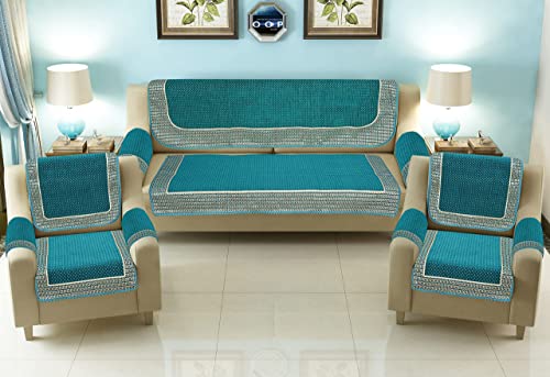 Image of Sofa Cover with Cushion Cover and Table Cover - 3 Seater and 2 Seater Sofa Covers with Arm Set 16 Pcs - 3+1+1 Panels for Home Living Room Sofa Couch Decor (Sky), Chenille
