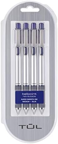 TUL BP3 Ballpoint, Retractable, Medium Point, 1.0 mm, Silver Barrel, Blue Ink, Pack Of 4
