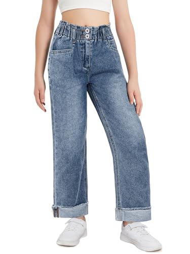 Haloumoning Girls Jeans Kids Elastic Waist Straight Leg Pull on Denim Pants with Pockets 4-14 Years