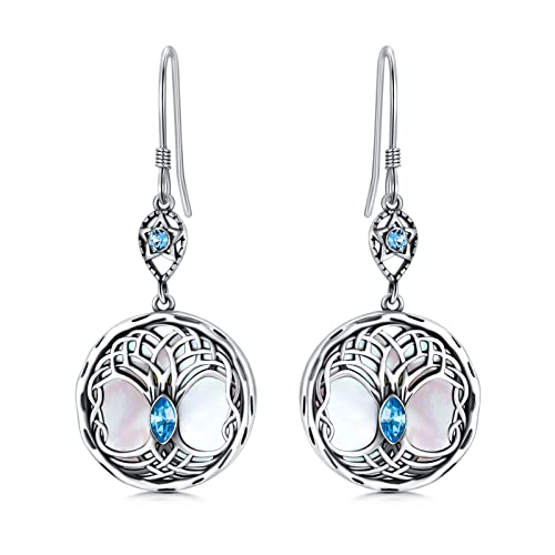 Celtic Tree of Life Earrings Sterling Silver Family Tree Dangle Drop Earrings with Birthstone Crystals, Birthday Jewelry Gifts for Women Her