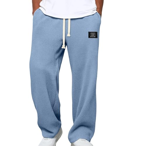 Waffle Pants for Men Casual Vintage Solid Color Pant Drawstring Baggy Lightweight Textured Trousers Fashion Pants Men - Main Image