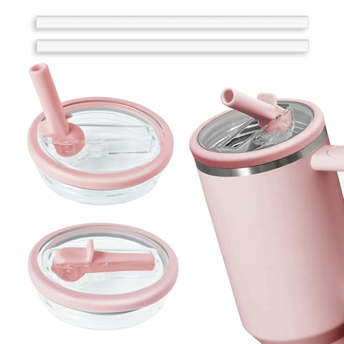 2pcs Leakproof Lid with Straw for Stanley Replacement No-Spill Cup Lids for Stanley Quencher Tumbler Flip Straw Lid for Stanley Accessories (Pink 40oz)