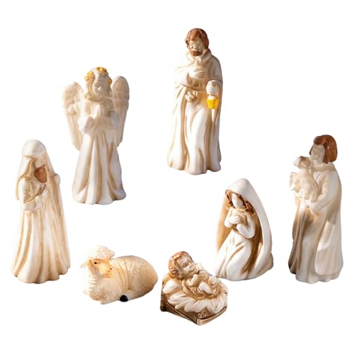 Hikiwin 7Pcs Miniature Nativity Sets for Christmas Indoor Set Classic Nativity Scene Resin Figurines Set Nativity Tiny Figures Set for Religious Decorations Collection Gifts