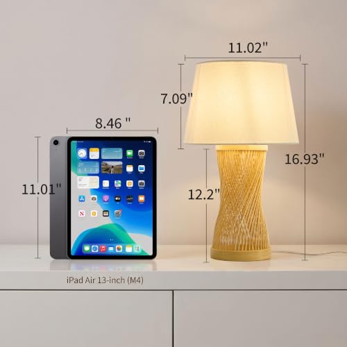 Image of Boho Table Lamp, 17 inch Bamboo Bedside Lamp for Living Room | Farmhouse Nightstand Lamp for Bedrooms, End Tables, Home Decor, Handwoven rattan Base, Linen Shade, E26 Socket