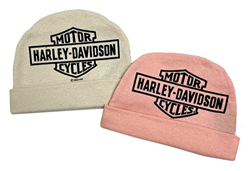 Harley-Davidson Baby Girls' 2 Pack Bar & Shield Rib Knit Beanies, Pink/Cream