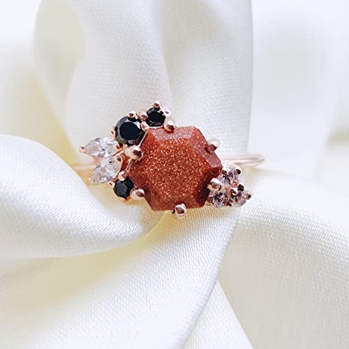 Rings For Women Gold Sandstone Ring, Hexagon Cut Ring, Galaxy Ring, Outer Space Ring, Nebula Ring, Bridal Ring, Rose Gold,White,Brown,Silver3