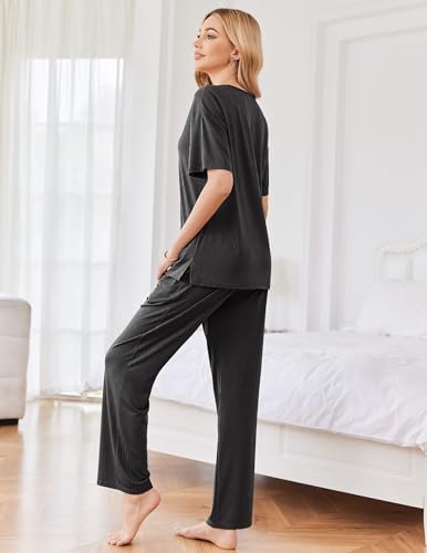 Image of Ekouaer Womens Ribbed Knit Lounge Set Short Sleeve Top and Long Pants Sleepwear Pajama Set Two Piece Matching Outfits Set