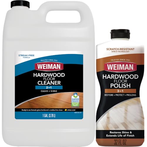 Weiman Hardwood Floor Cleaner and Polish - Cleans Vinyl Tile, Solid, Laminate, Natural Shine, No Residue, Removes Scratches, Leaves Protective Layer, 1 Gallon Mop Soap & 32 Oz Restorer
