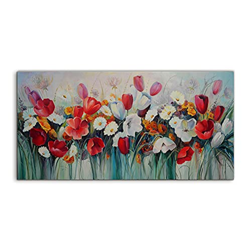 Art murale acryl photo salon nature meadow tulips 100x50cm pour deco tendance