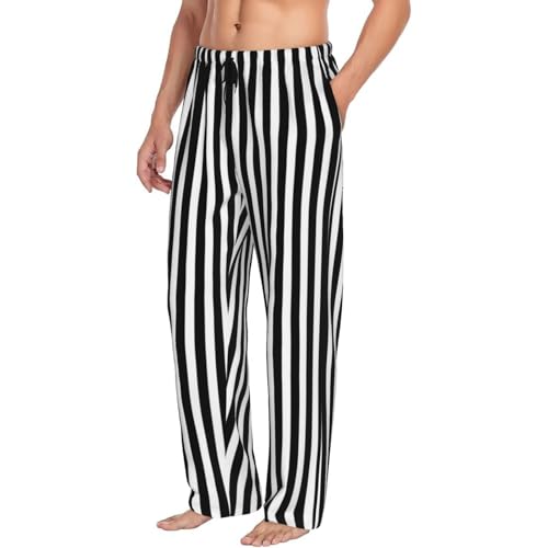 Mens Pajama Pants - Black White Stripe Print Soft Sleep Lounge Pants For Men, Casual Pj Bottoms With Pockets