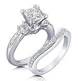 Venetia Top Grade Realistic Princess Cut Simulated Diamond 3-Stones Ring Curved Band 2 Pcs Set Platinum Plated 925 Silver Cubic Zirconia cz (6)
