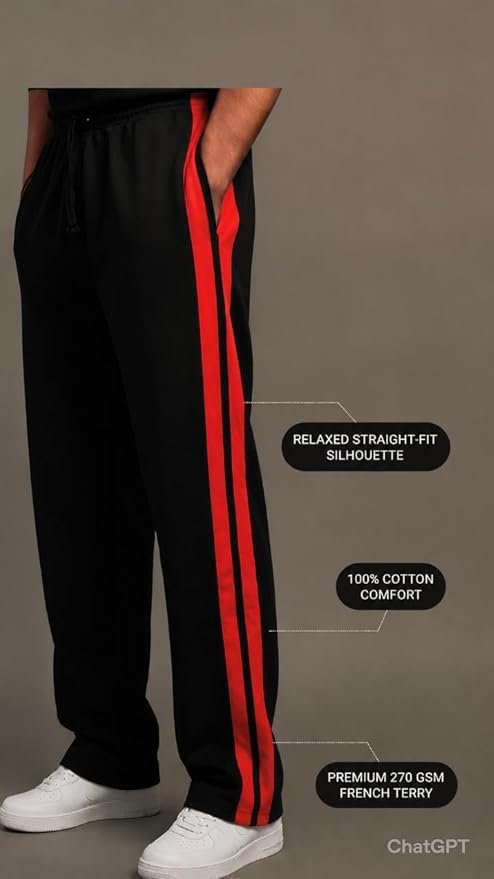 Image of Men's Baggy Track Pant, Black with Red Side Stripe, Relaxed Straight-Fit, 100% Cotton French Terry, 210 GSM