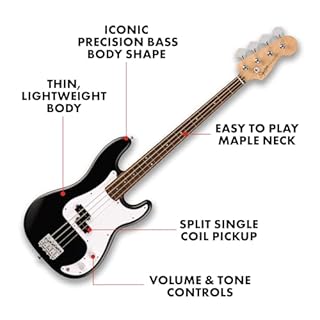 Fender Squier Debut Series Precision Bass Guitar Pack, Beginner Guitar Pack, 2-Year Warranty, Includes Rumble 15 Amplifier, Padded Gig Bag, Instrument Cable, and More, Black with Satin Urethane Finish