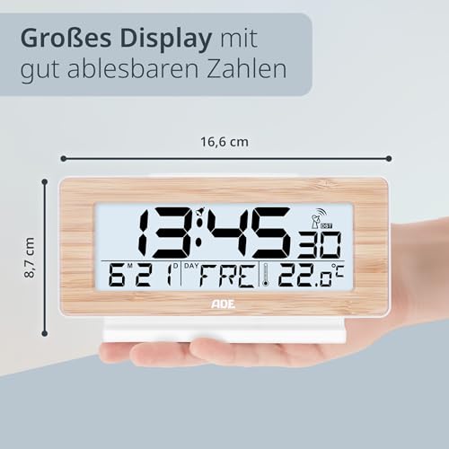 ADE Funkwecker digital mit Batterie | Tischuhr mit Temperaturanzeige und Kalender | Gehäusefront aus echtem Bambus | LCD-Display mit Beleuchtung auf Knopfdruck