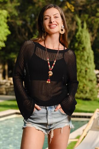 Arach&Cloz Women's Linen Summer Fall Lightweight Crochet Tops Beach Cover Up 20252