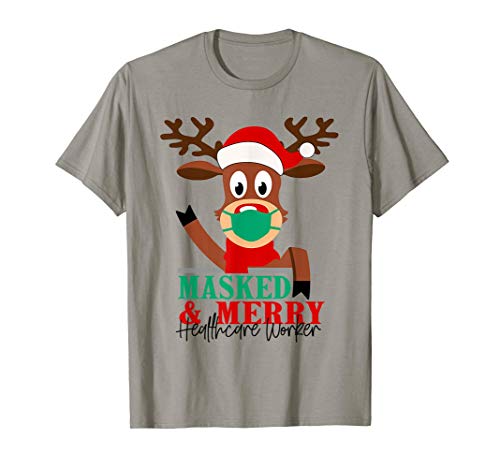 Masked And Merry Healthcare Worker Reindeer Face Mask T-Shirt