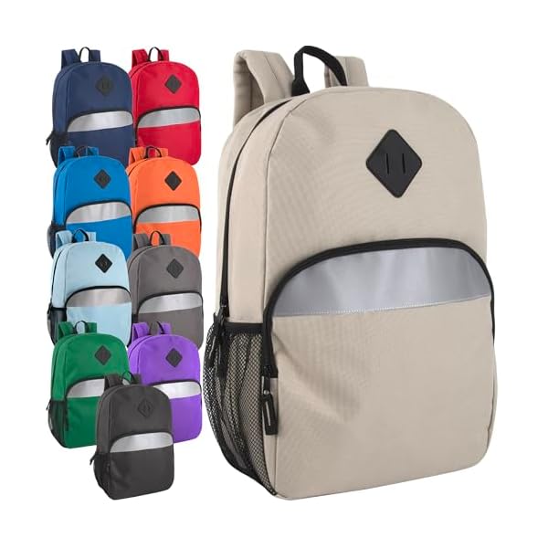 Trail maker Bulk Kids Reflective Backpack Wholesale 24 Pack Backpacks with Side Pockets, Padded (10 Colors Pack)