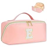 DTBG Initials Makeup Bag for Women, Personalized Cosmetic Bag PU Leather Travel Toiletry Bag for Teen Girls, Waterproof Makeup Organizer Large Make up Bag Mother's Day Gifts Birthday Gifts Pink, E