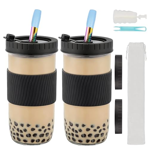 ZgoEC 2 Pack Reusable Bubble Tea Glass Cups with Lids and Straws - 24oz Leakproof Tumbler Glasses for Drinks - Drinking Cups for Iced Coffee Smoothie Juice - Gift for Bubble Lovers (Black)