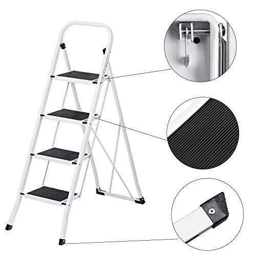 Delxo Folding 4 Step Ladder Ladder with Convenient Handgrip Anti-Slip Sturdy and Wide Pedal 330lbs Portable Steel Step Stool White and Black 4-Feet (WK2040-3)