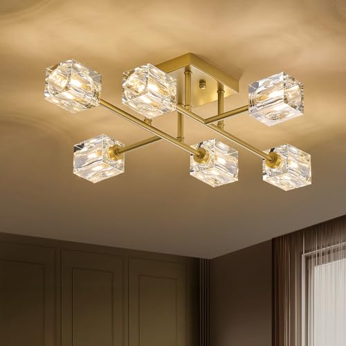 Image of 24 inch Gold 6-Light Luxury Semi Flush Mount Ceiling Light Modern K9 Crystal Kitchen Island Sputnik Chandelier for Dining Room Entryway Bedroom Living Room