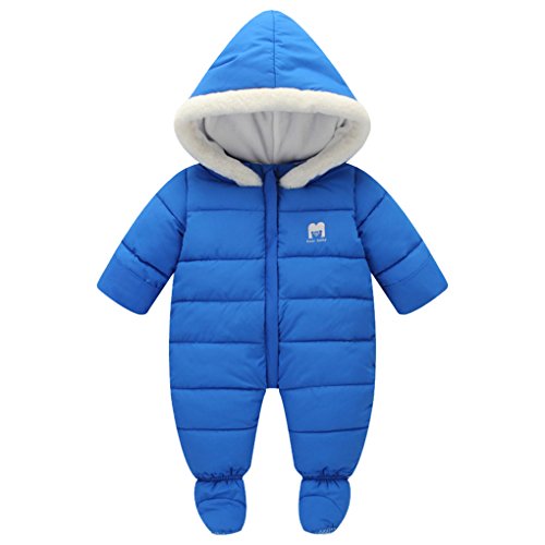 SanReach Baby Winter Fur Trim Hooded Down Snowsuit Footie Romper Puffer Jacket Jumpsuit Blue Size 90(0-6Months)