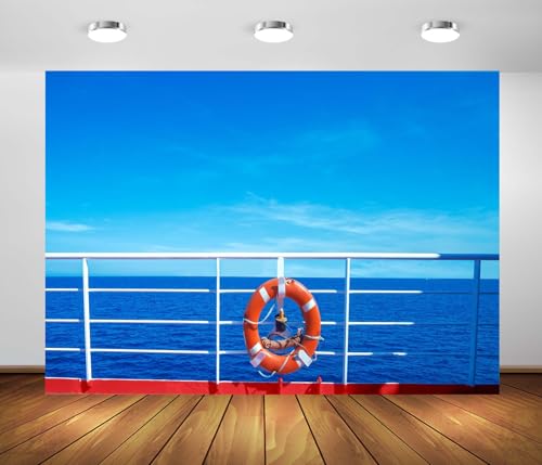 BELECO 9x6ft Fabric Cruise Ship Backdrop Lifebuoy on Ship Deck, Blue Sea and Sky Background Summer Nautical Cruise Theme Party Decorations Banner Birthday Photoshoot Studio Props -  N5-A25326-96