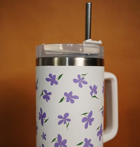 Image of 1200ML Stainless Steel Tumbler Hot and Cold with Handle and Lid and 2 Straws, Double Insulated Cup Leak Proof Mug Cupholder for Gym, Travelling (Purple Flowers)